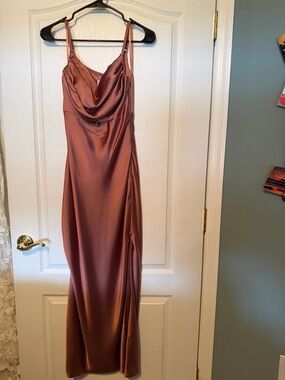 Revelry Elegant Satin Cowl Neck Slip Dress- Desert Rose